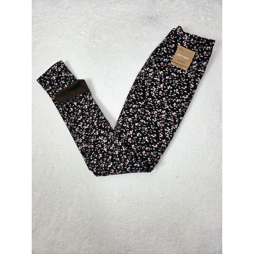 Just‎ Cozy Leggings Womens M/L Black Ditsy Floral Fleece Lined Soft Stretch Warm